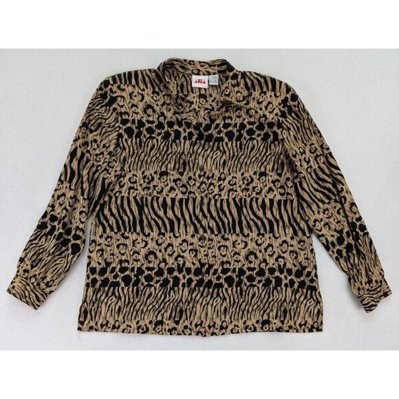 Alia Women's Top Size 16 Brown Mixed Animal Print Long Sleeve Button-Up - Picture 1 of 12